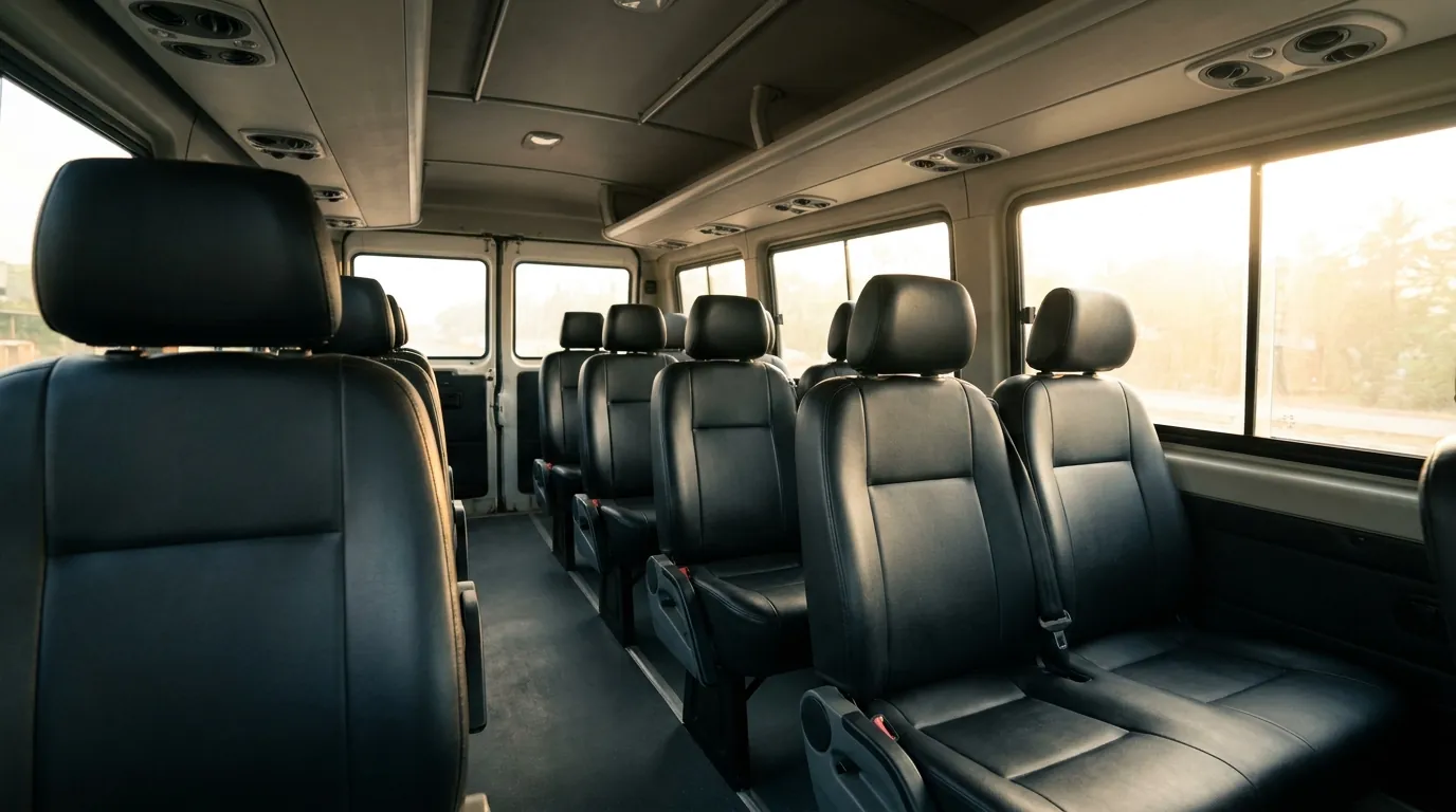 Inside a 12-seater Tempo Traveller: rows of push-back seats either side of the aisle, with roof AC vents
