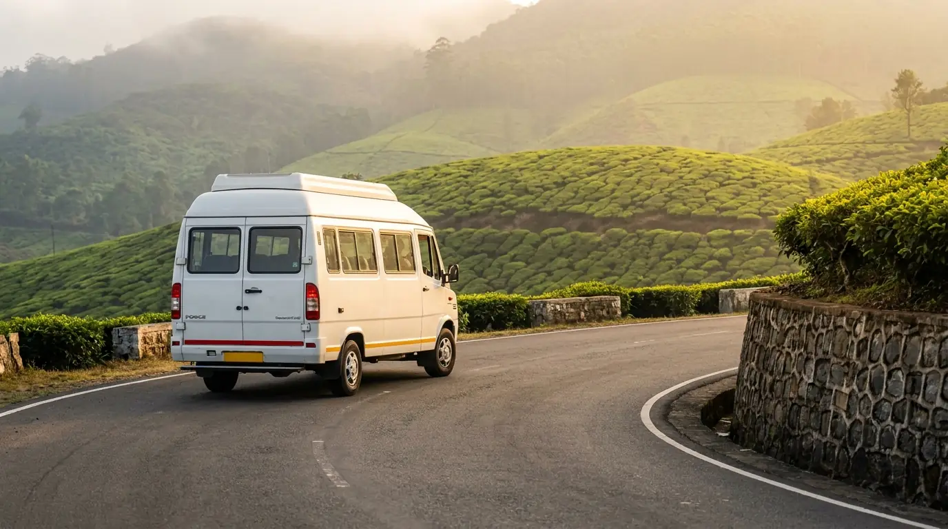A white 12-seater Tempo Traveller rounding a bend on a hill road through Munnar tea estates