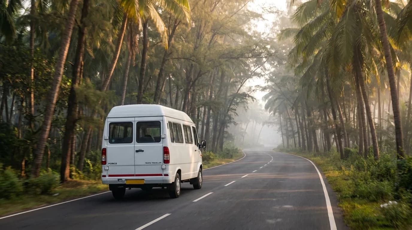 A white 17-seater Tempo Traveller on a misty, palm-lined road at dawn