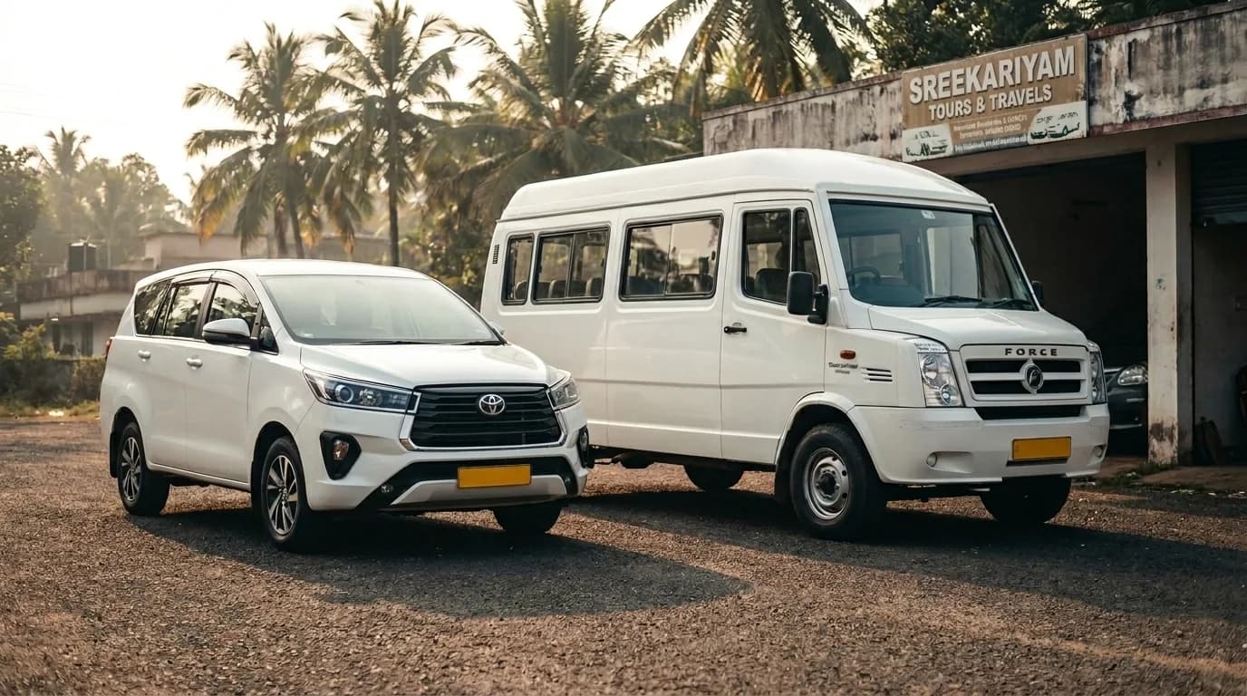 Toyota Innova Crysta and Force Tempo Traveller side by side at the Mango Cabs Trivandrum garage