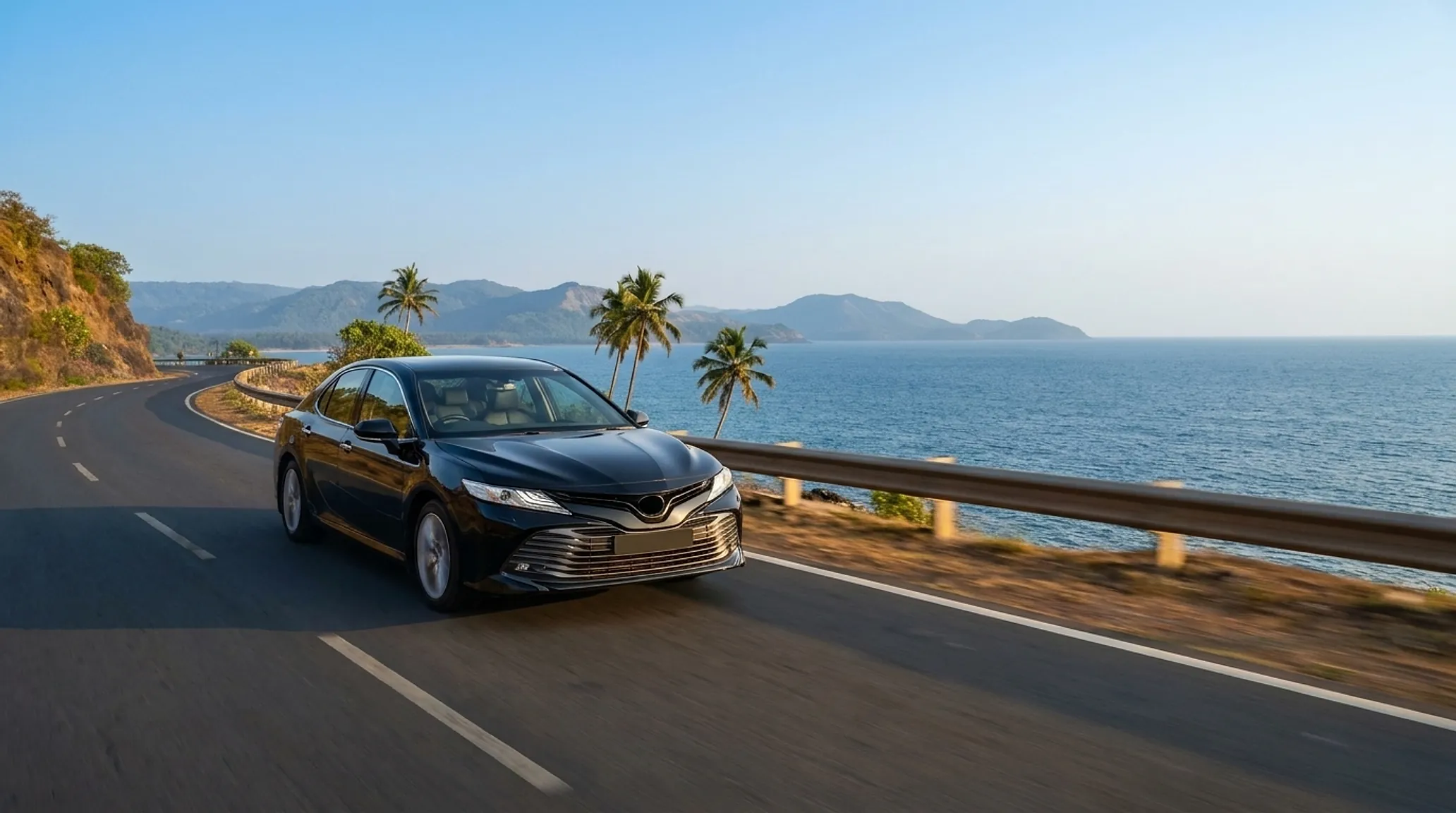 Self-drive rental cars — a hatchback, sedan and SUV — ready for pickup on a Kerala road at golden hour