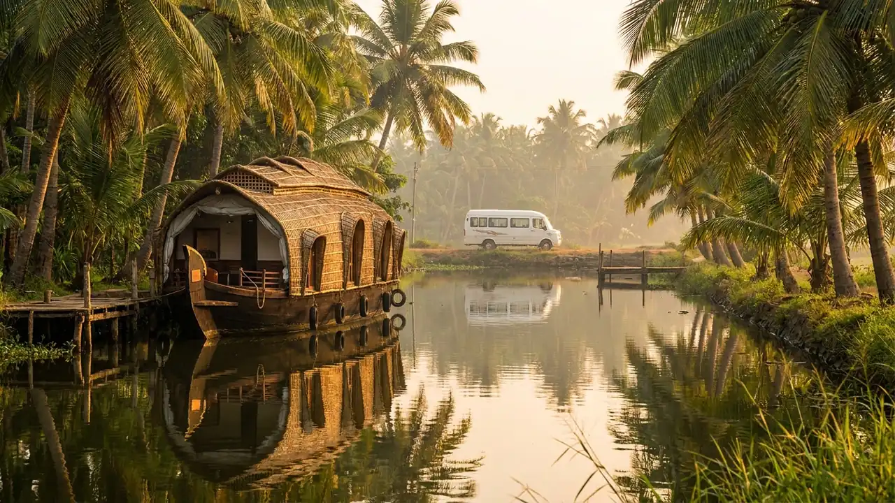 A Kerala houseboat moored on a palm-lined Alleppey backwater, with a white minibus parked on the jetty road behind