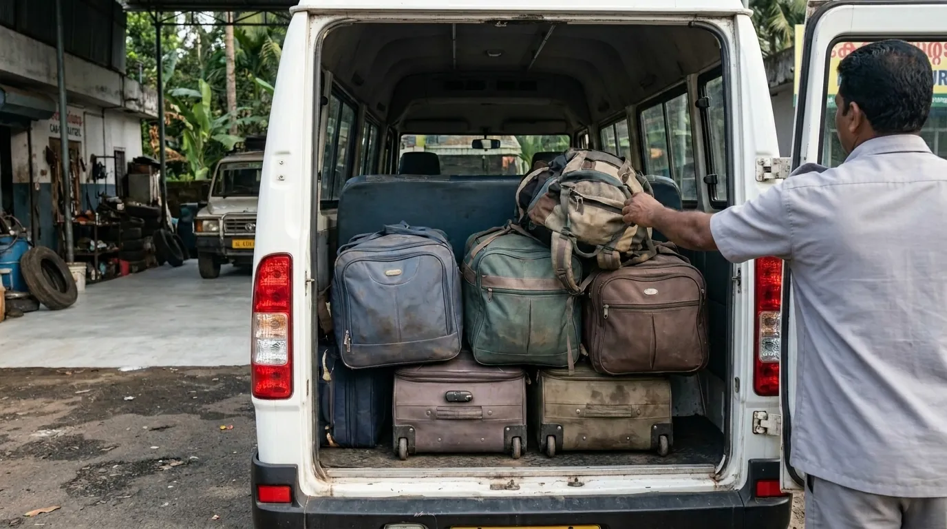 The open rear boot of a white Tempo Traveller packed with soft travel bags and suitcases