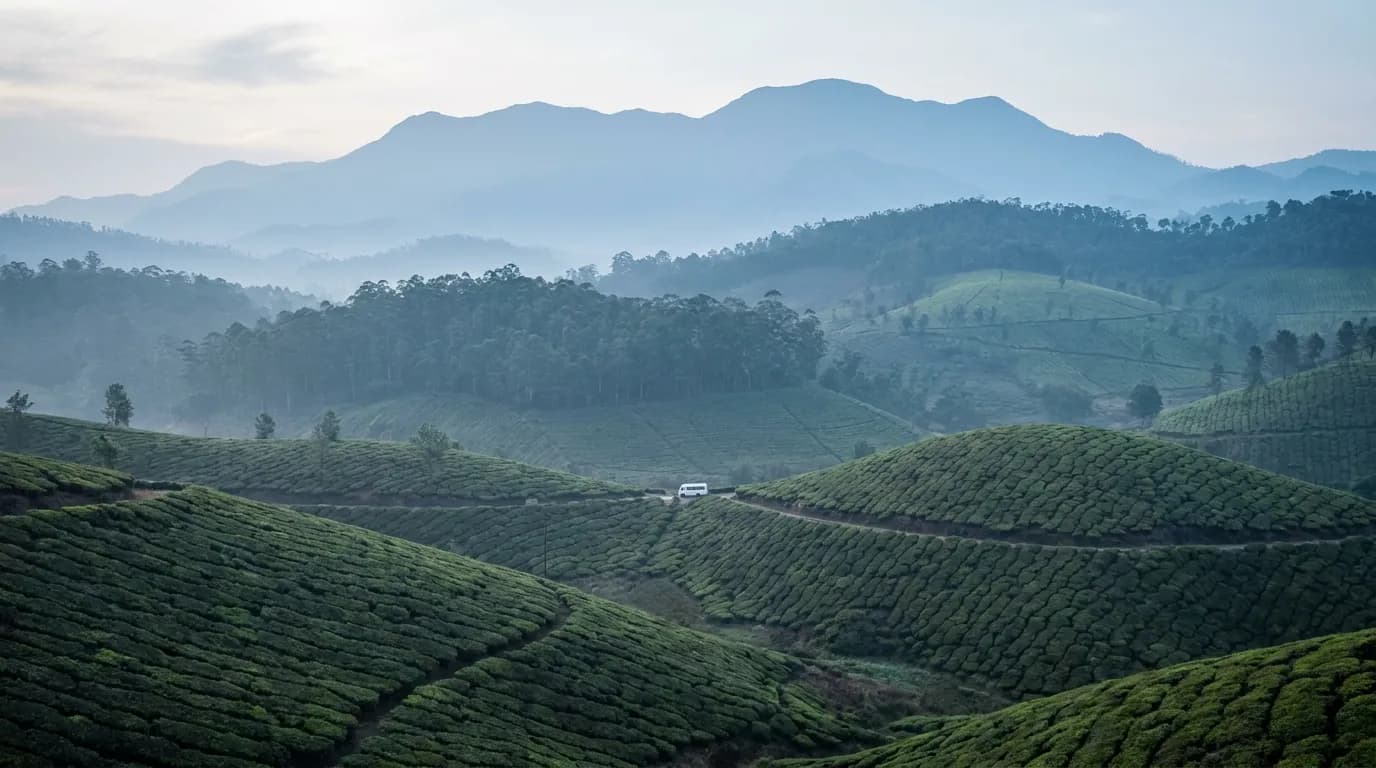 Rolling Munnar tea estates under morning mist, with the Western Ghats behind