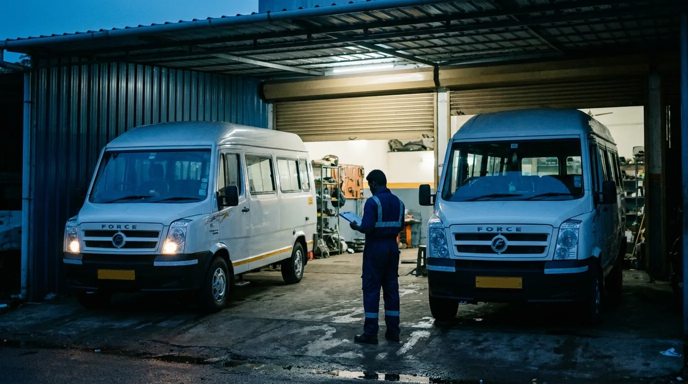 Two white Tempo Travellers with headlights on in a garage bay while a mechanic checks a clipboard