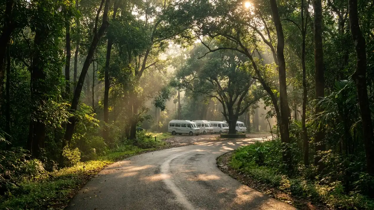 A forest road in morning light curving into a parking area where white minibuses wait in a line