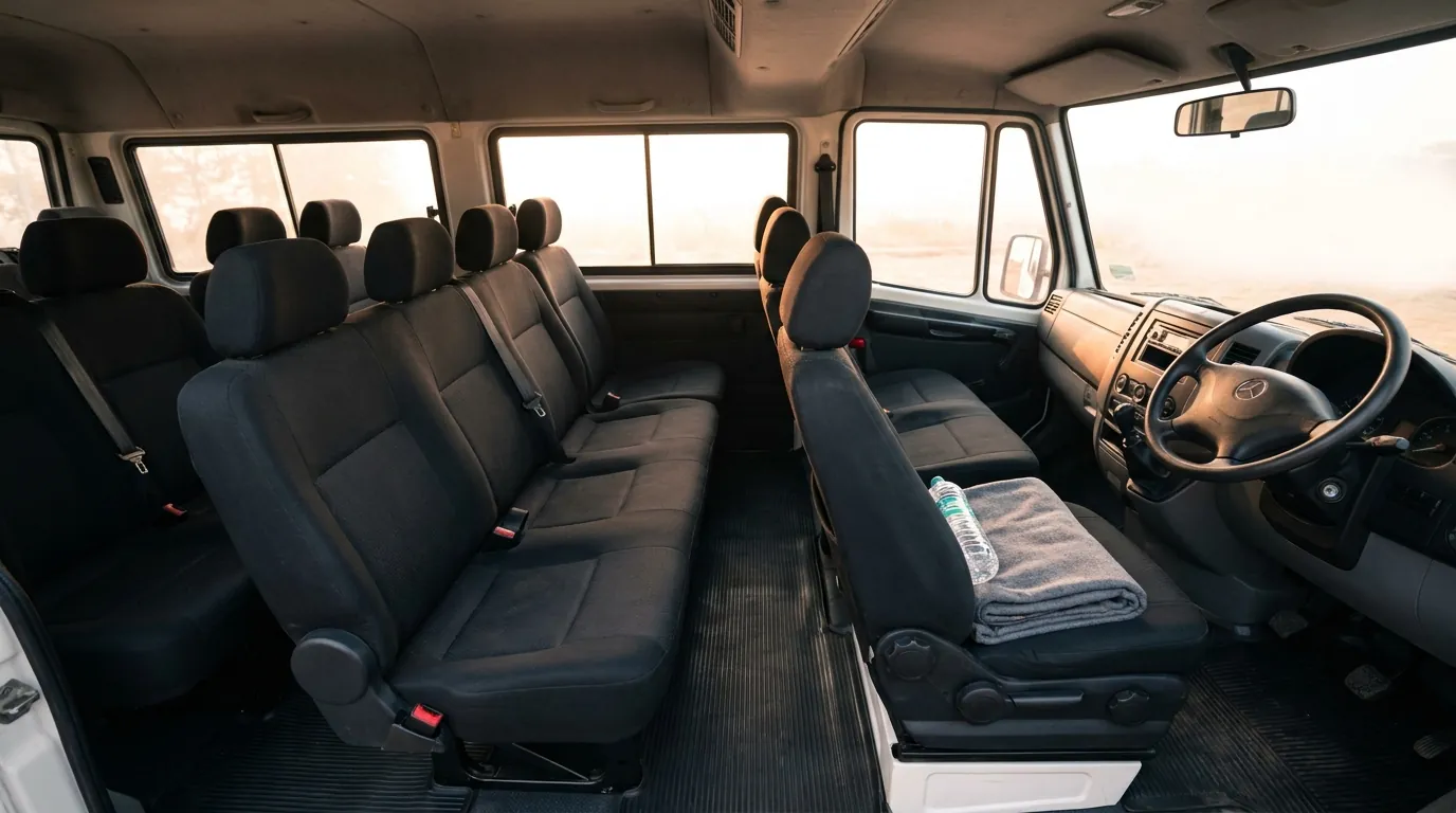 The plain cabin of a Tempo Traveller: rows of black seats, a clear aisle and the driver's cab up front