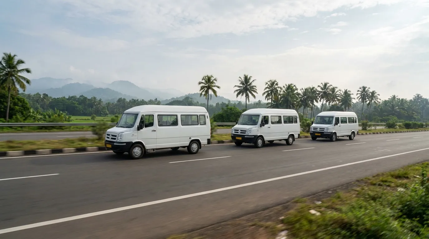 Three white Tempo Travellers driving in a spaced convoy along a palm-lined Kerala highway
