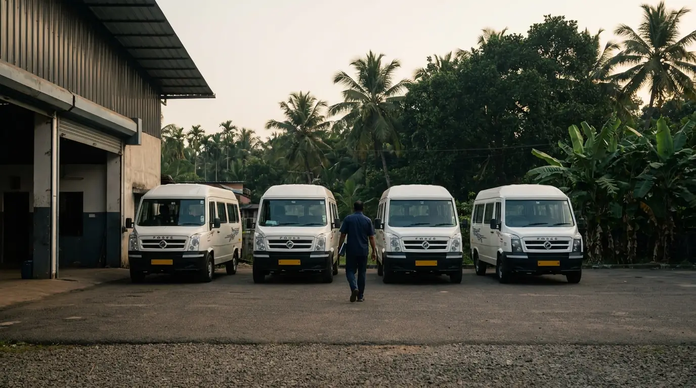 Four white Tempo Travellers lined up on a garage forecourt with a staff member walking between them