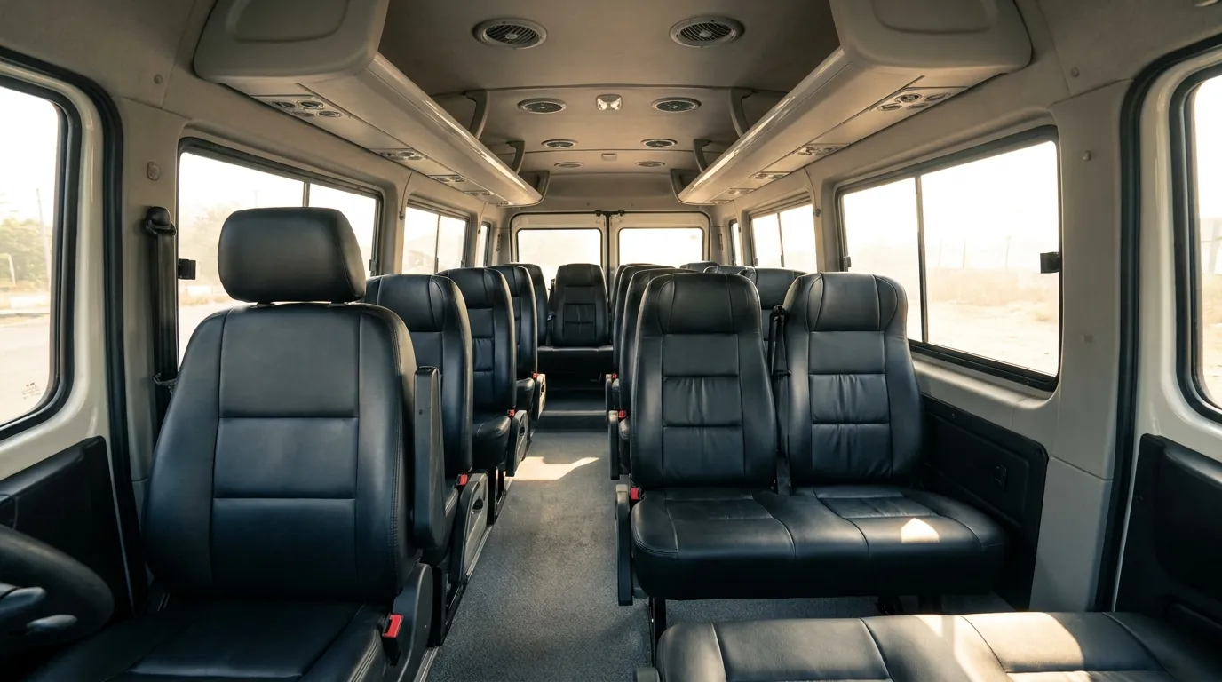An empty Tempo Traveller cabin seen from the front: push-back seat rows either side of a clear aisle