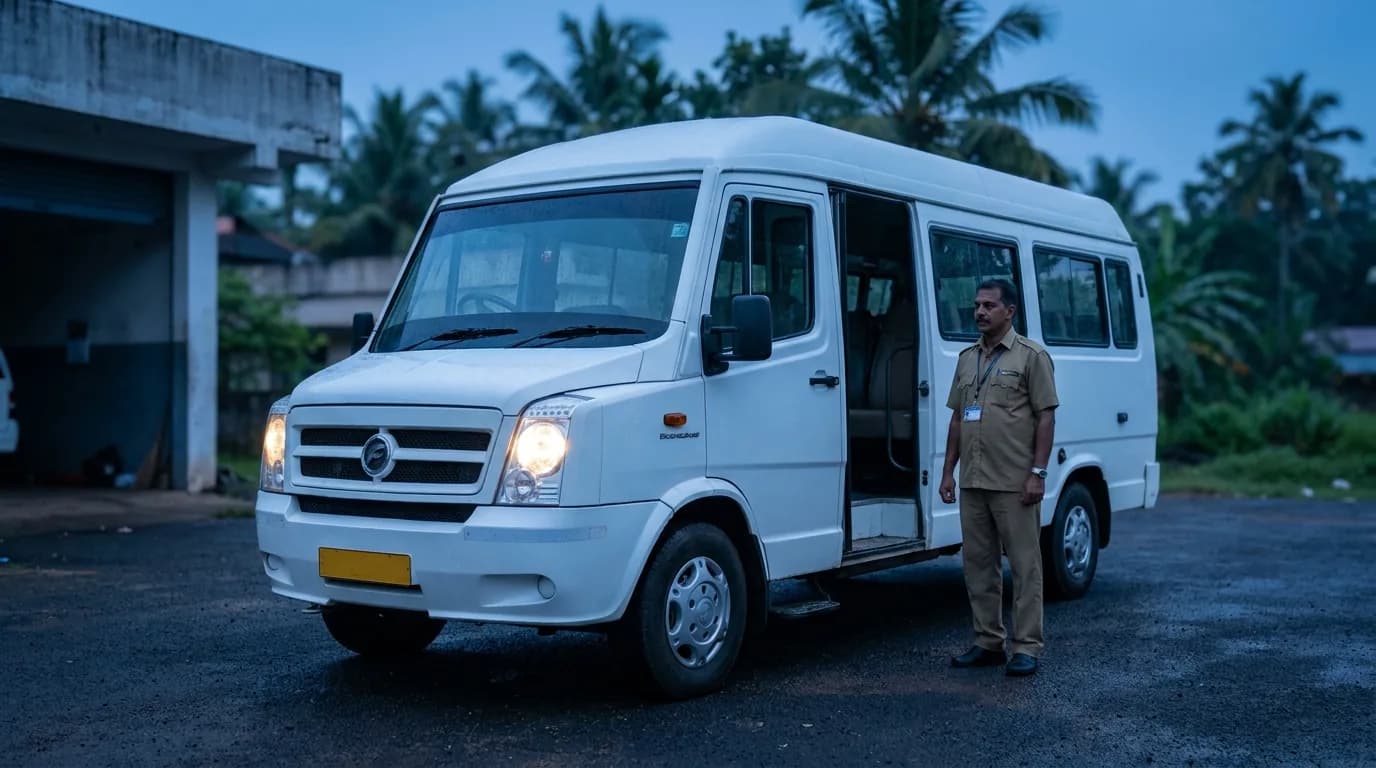 Mango Cabs Tempo Traveller staged for a Sabarimala pilgrimage circuit from Trivandrum