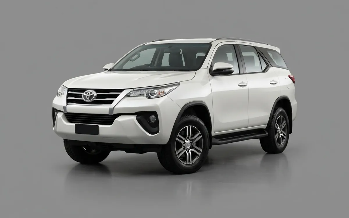 A white Toyota Fortuner SUV self-drive rental car