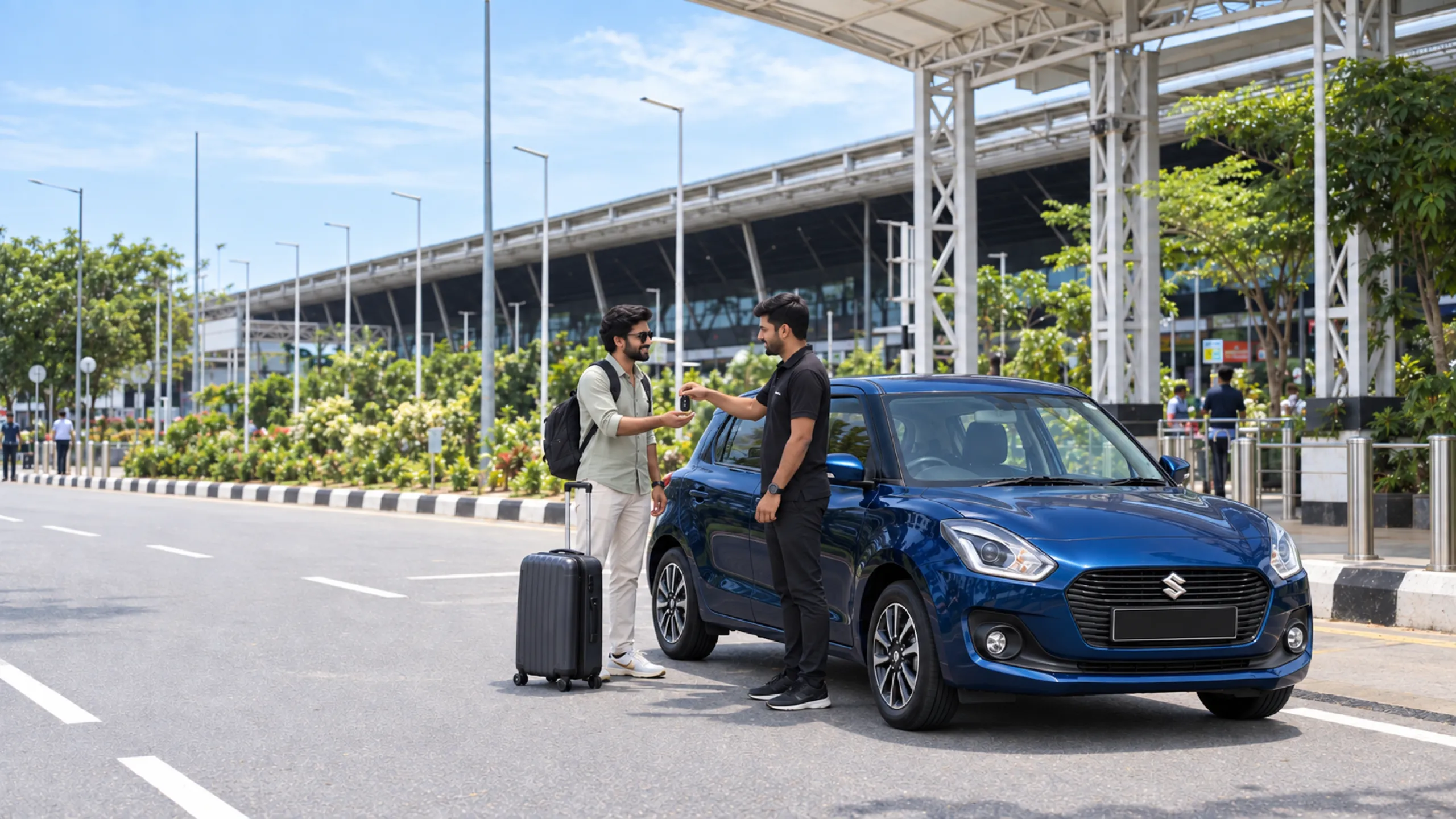 A Mango Cabs self-drive car waiting at the Trivandrum airport pickup kerb