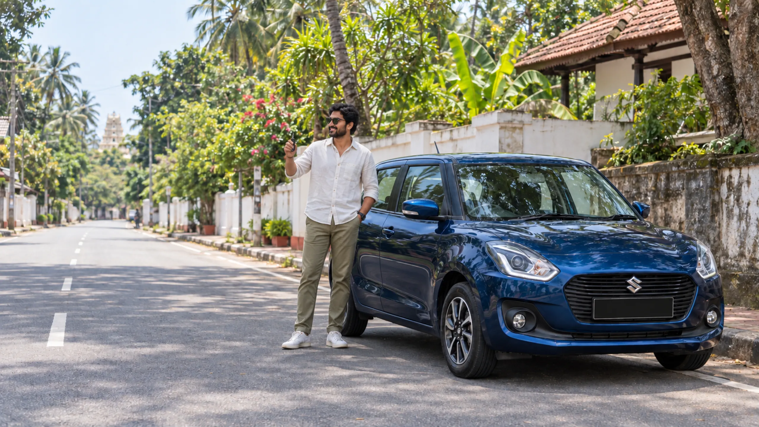 A Mango Cabs self-drive hatchback ready for pickup on a Trivandrum street