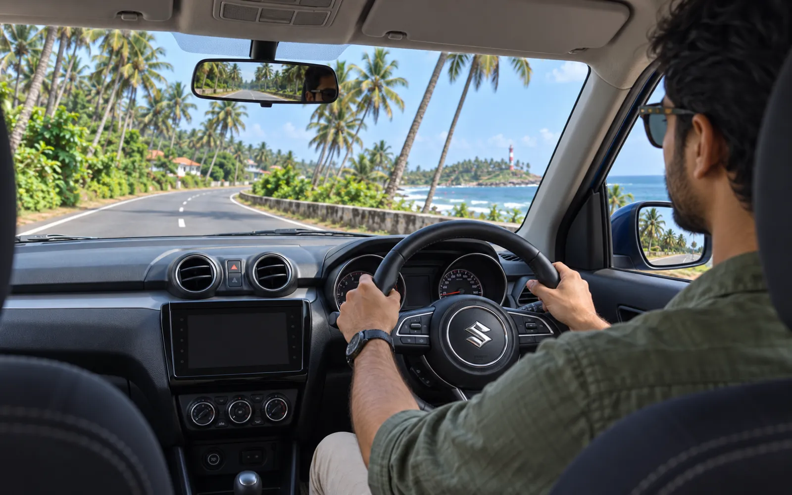 The view from the driver's seat of a Mango Cabs self-drive car
