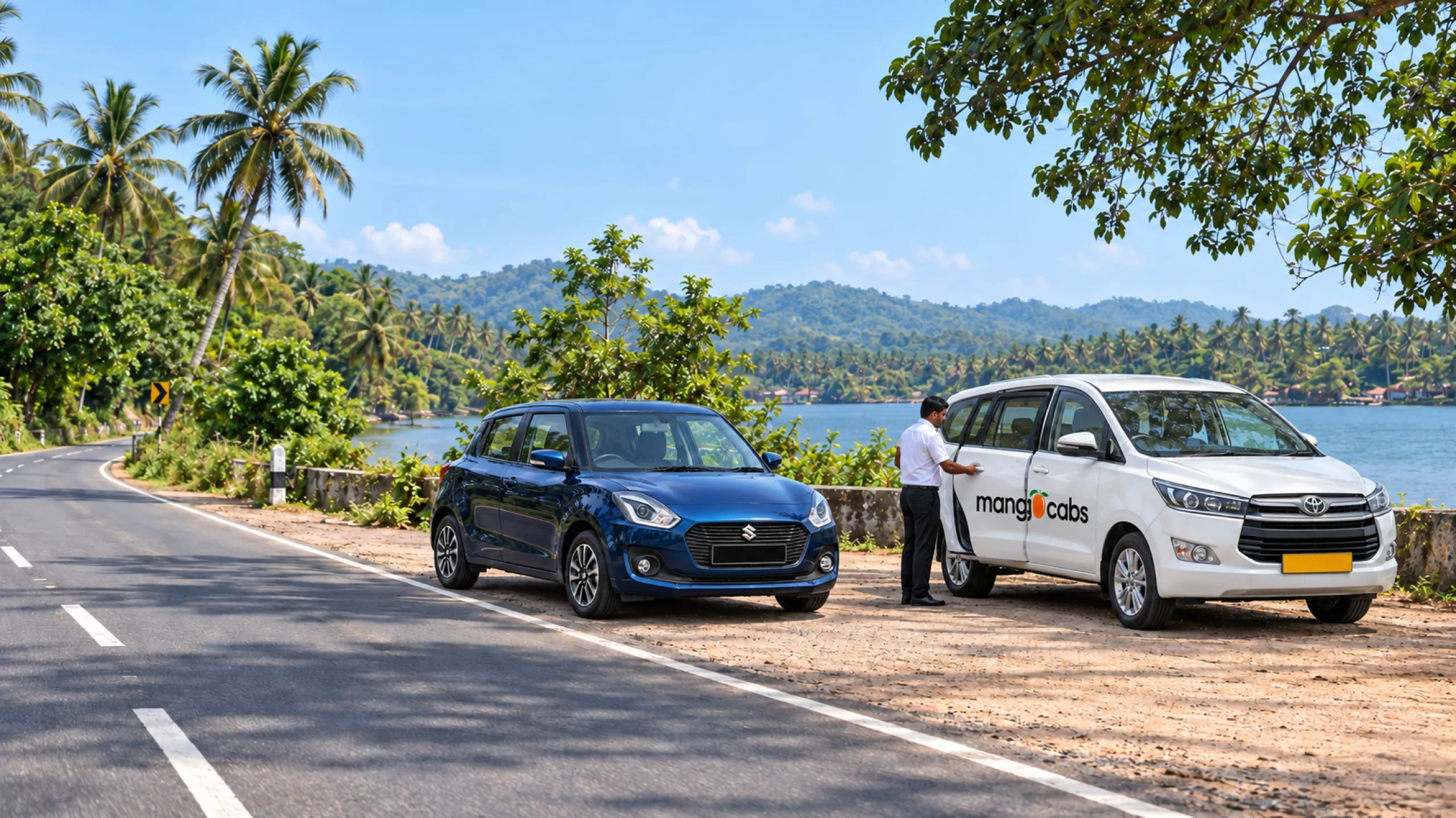 A blue Mango Cabs self-drive hatchback parked ahead of a white Mango Cabs chauffeur-driven Innova on a Kerala coastal road