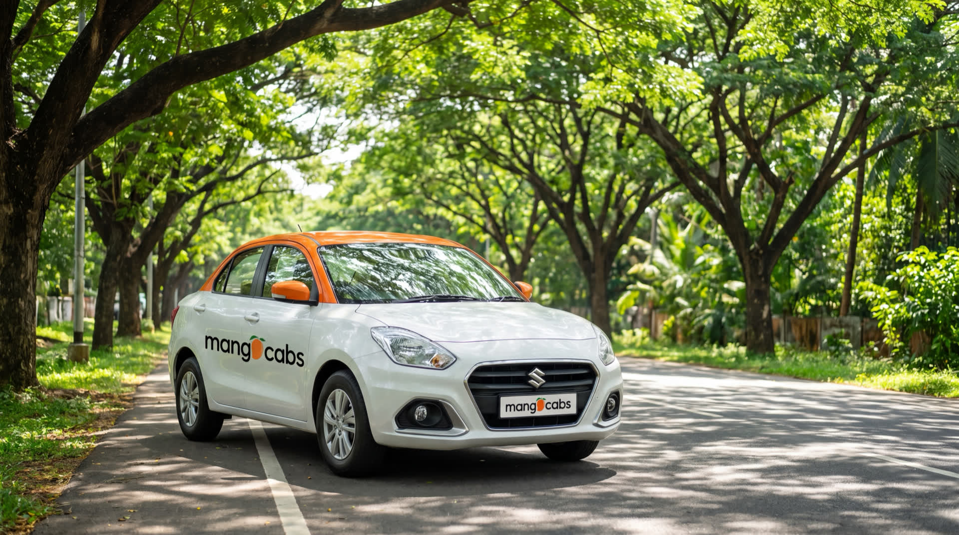 A white Mango Cabs Maruti Dzire parked on a tree-lined road in Trivandrum