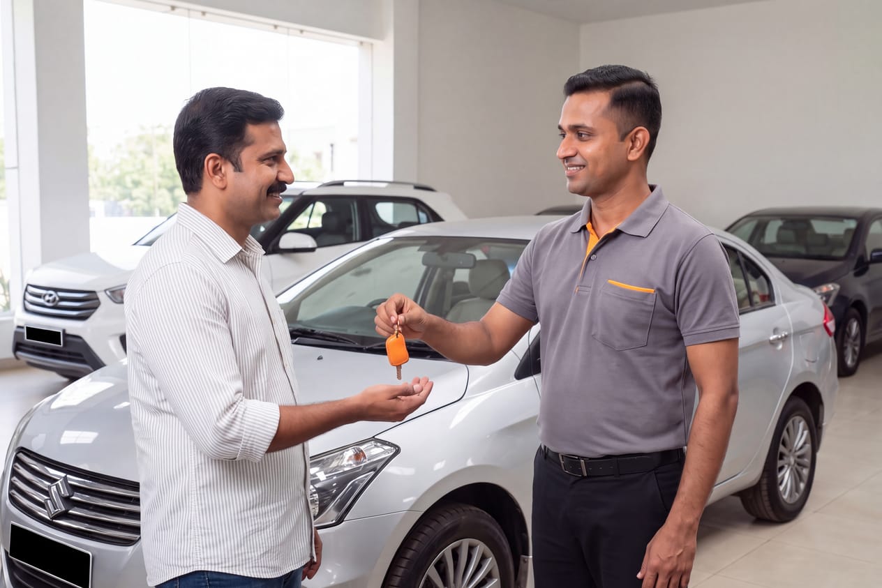 A Mango Cabs staff member handing car keys to a customer beside a self-drive car