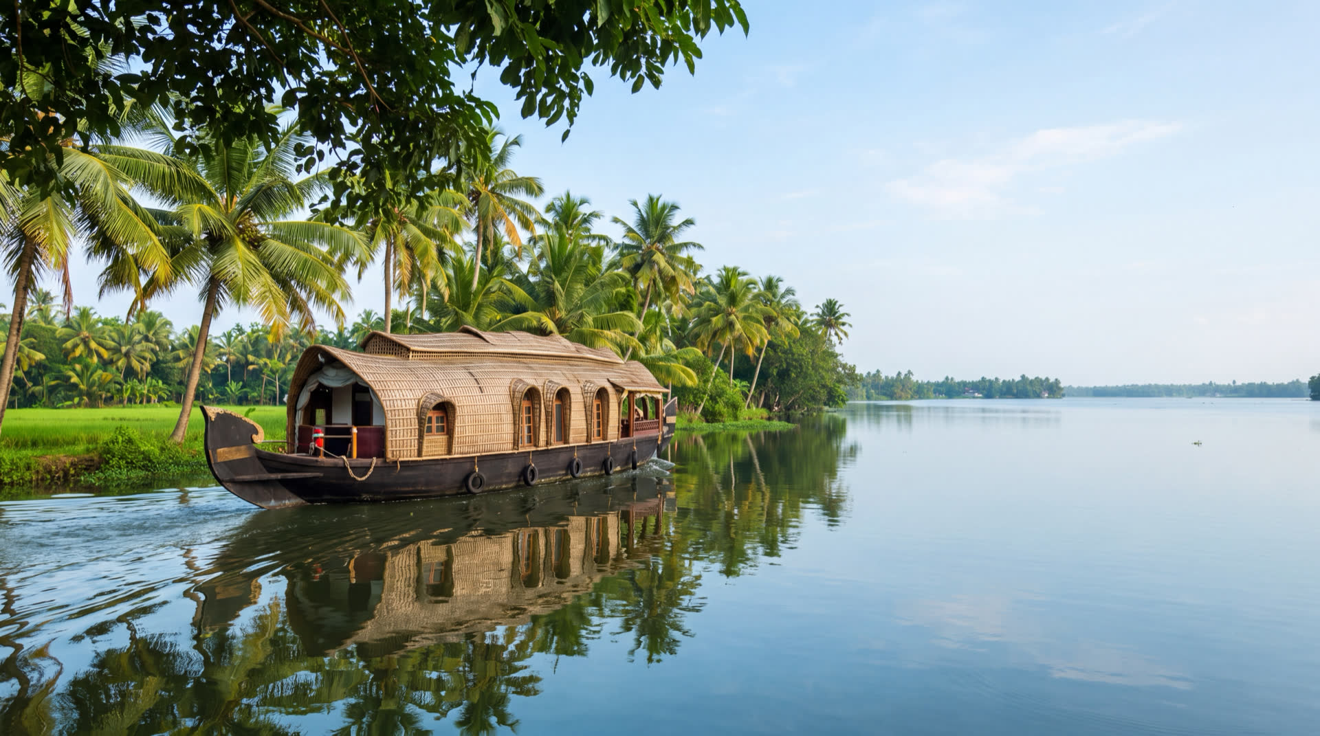 A Kerala houseboat moored on the palm-fringed backwaters at Alleppey