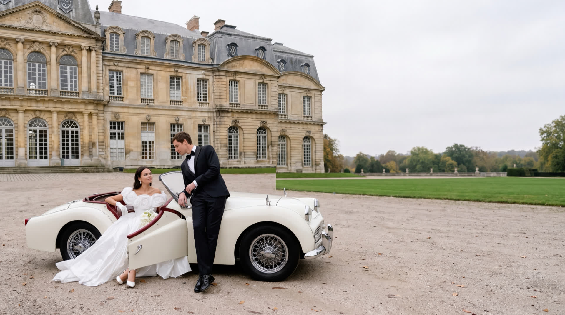 A bride and groom on their wedding day with a cream vintage convertible
